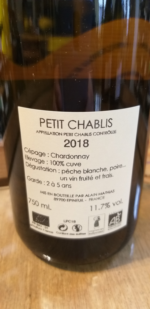 (1036-001) Petit Chablis 2018 - Blanc Sec Tranquille - Domaine Alain Mathias (Alain, Bastien et Carole Mathias)