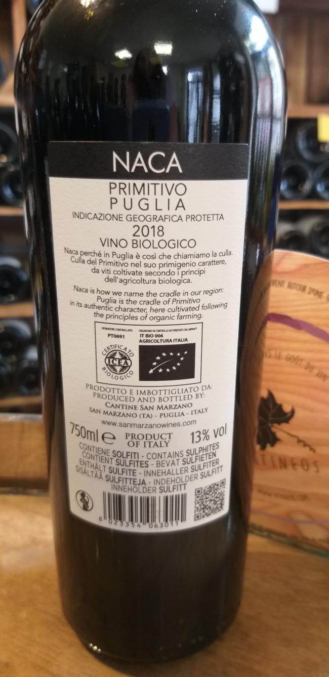 (1053-001) Naca - Primitivo Bio 2020 - Rouge Sec Tranquille - Cantine San Marzano
