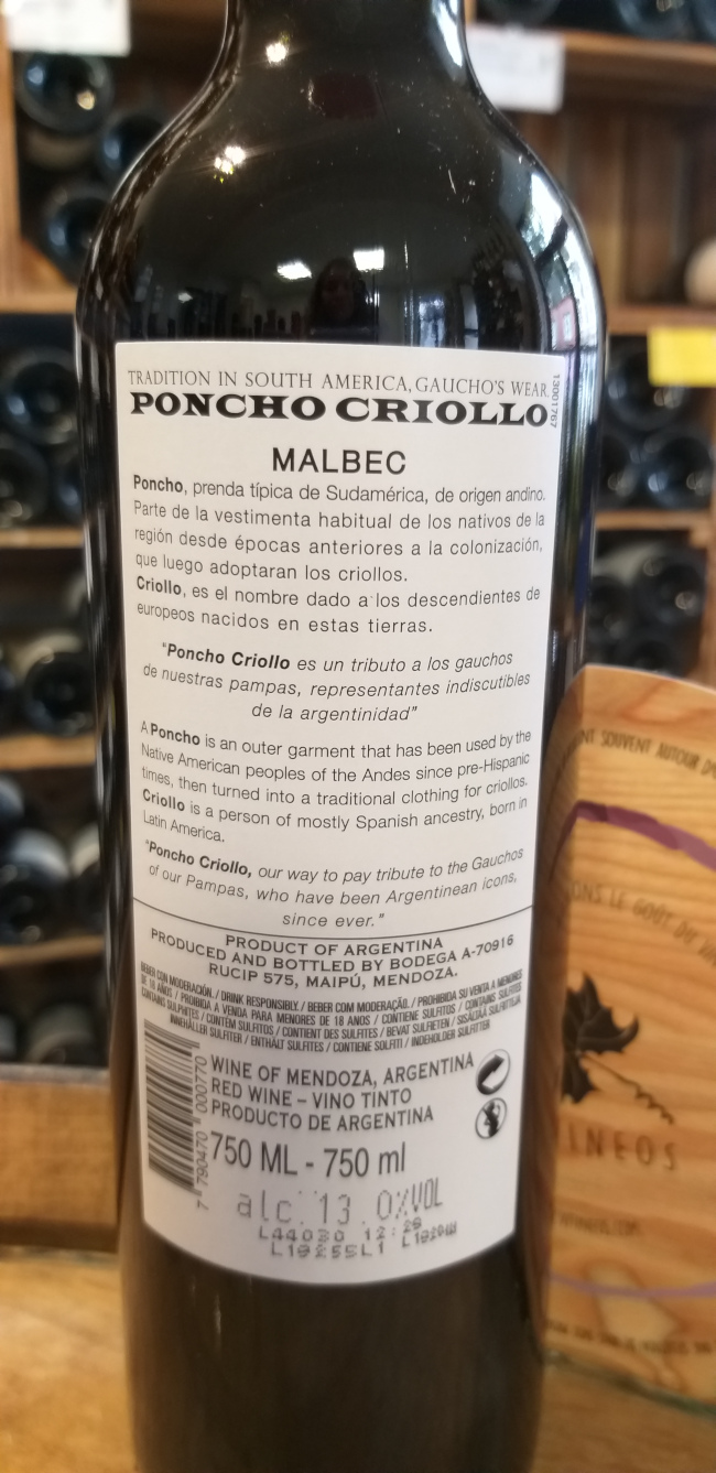 (1059-001) Poncho Criollo Malbec 2018 - Rouge Sec Tranquille - Finca Flichman (Germán Berra)