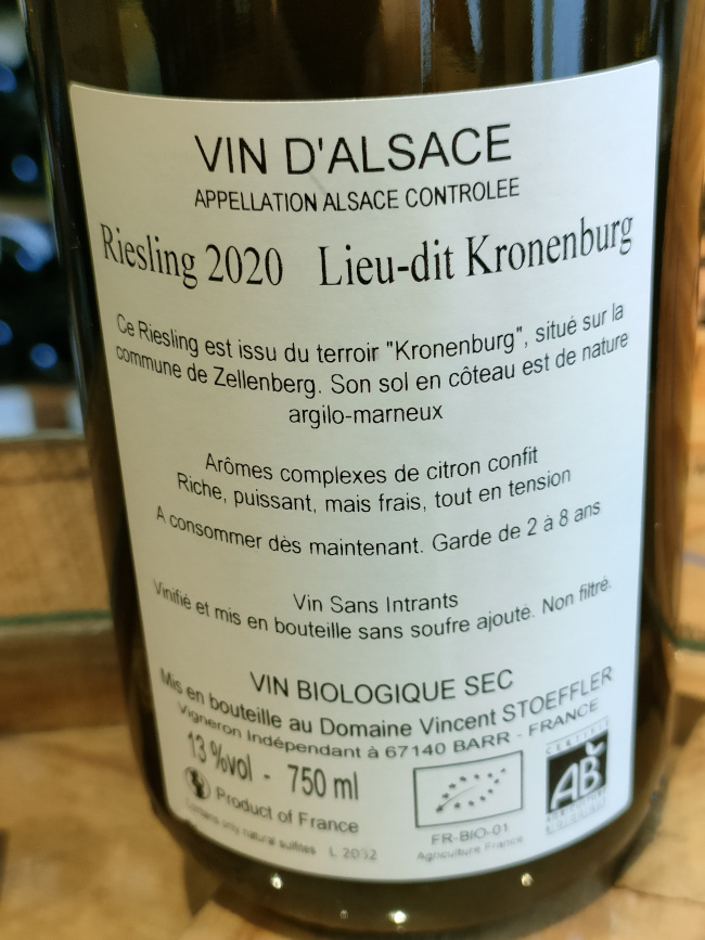 (1099-003) Riesling Kronenburg Nature 2020 - Blanc Sec Tranquille - Domaine Vincent Stoeffler (Vincent Stoeffler)
