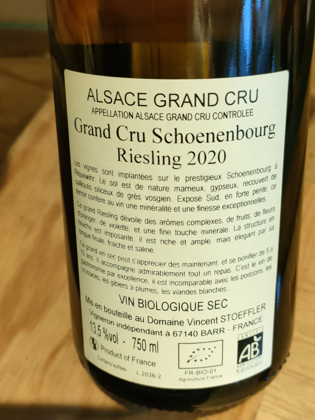 (1099-005) Riesling GC Schoenenbourg 2020 - Blanc Sec Tranquille - Domaine Vincent Stoeffler (Vincent Stoeffler)