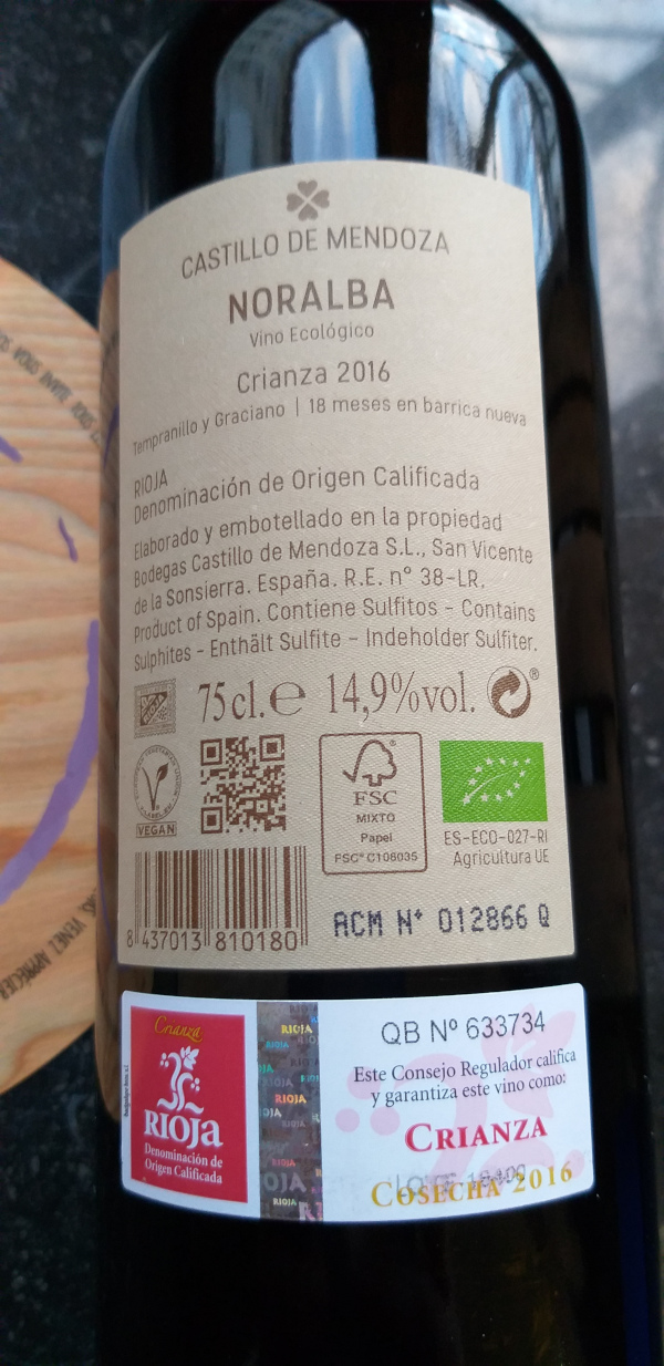 (1019-005) Noralba Crianza Ecologico 2017 - Rouge Sec Tranquille - Castillo de Mendoza (Famille Mendoza)